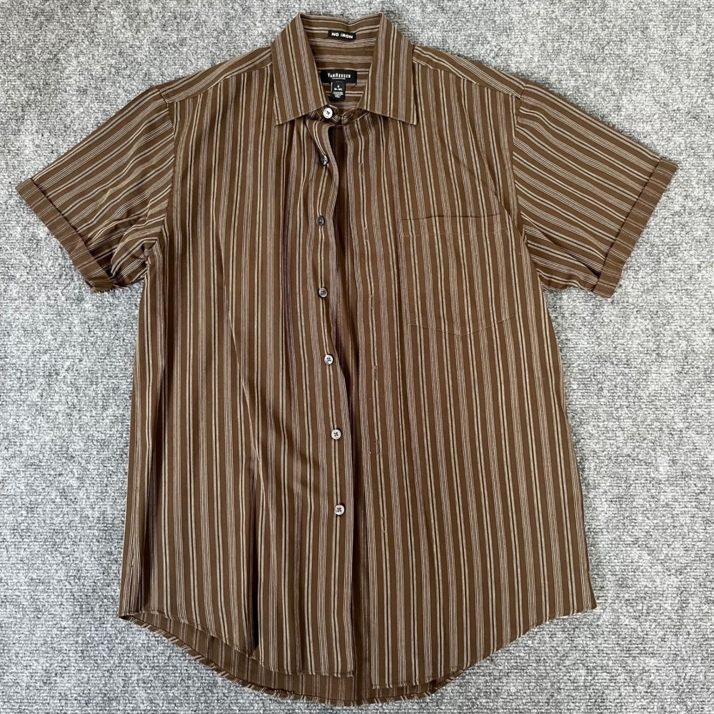 Van Heusen Mens Brown Striped Short Sleeve No Iron Button Down Shirt Small